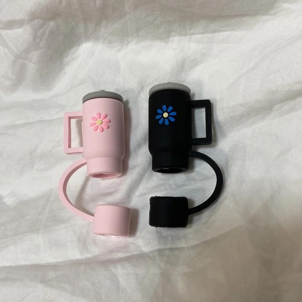SHEIN 2 silicone straw cover cap for Stanley Cup. Pink & black straw toppers. - Picture 13 of 16
